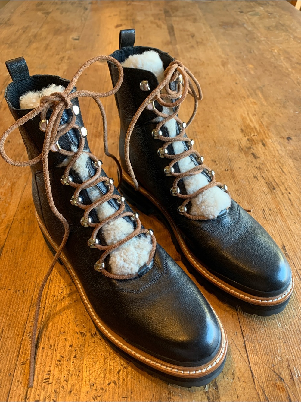 Marc Fisher Black Leather Lace-Up Shearling Combat Boots